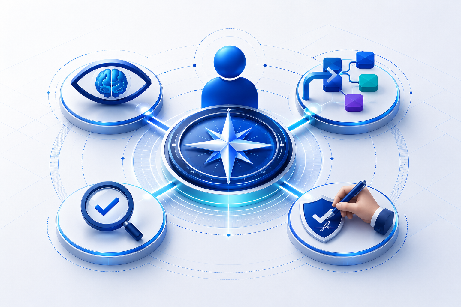 Illustration connecting professional judgment, workflow, verification and privacy around a career-direction compass
